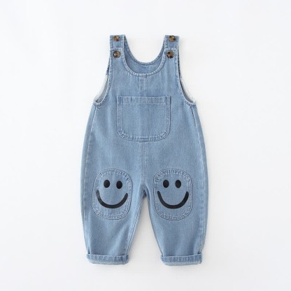 Salopette in denim con tasca e smiley per bambini - image 7