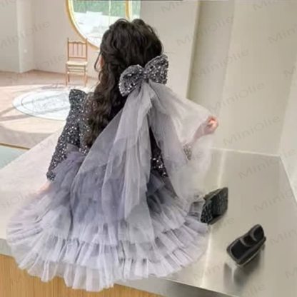 Vestito da bambina con paillettes in rete e velo a fiocco - image 3