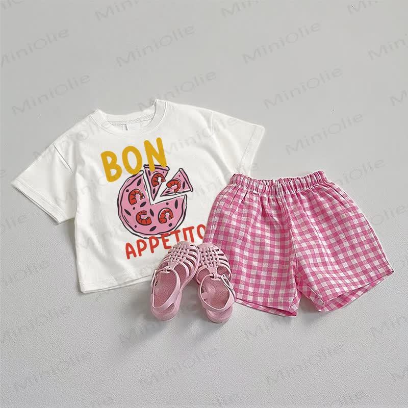 BON APPETITO - Completo da 2 pezzi composto da maglietta a tema pizza e pantaloncini a quadri rosa per neonati. - Bianco e rosa - 3-5T - image 1