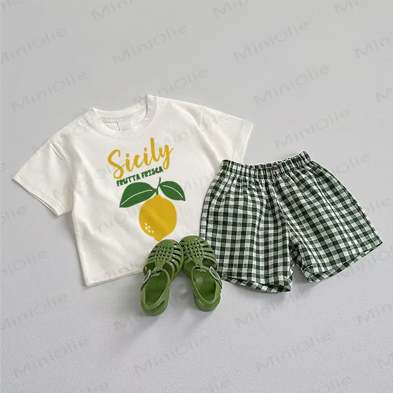 Completo composto da maglietta Baby Lemon e pantaloncini a quadri verdi, due pezzi. - Bianco e Verde - 3-5T - image 1