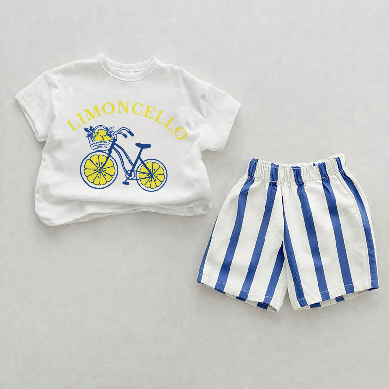 Completo da ciclista per neonati LIMONCELLO, composto da due pezzi con pantaloncini a righe verticali blu. - Bianco e Blu - 2-3T - image 1