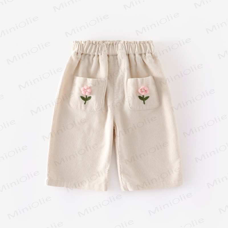 Pantaloni in velluto a coste a fiori per neonati e bambini - Beige - 5-7T - image 10