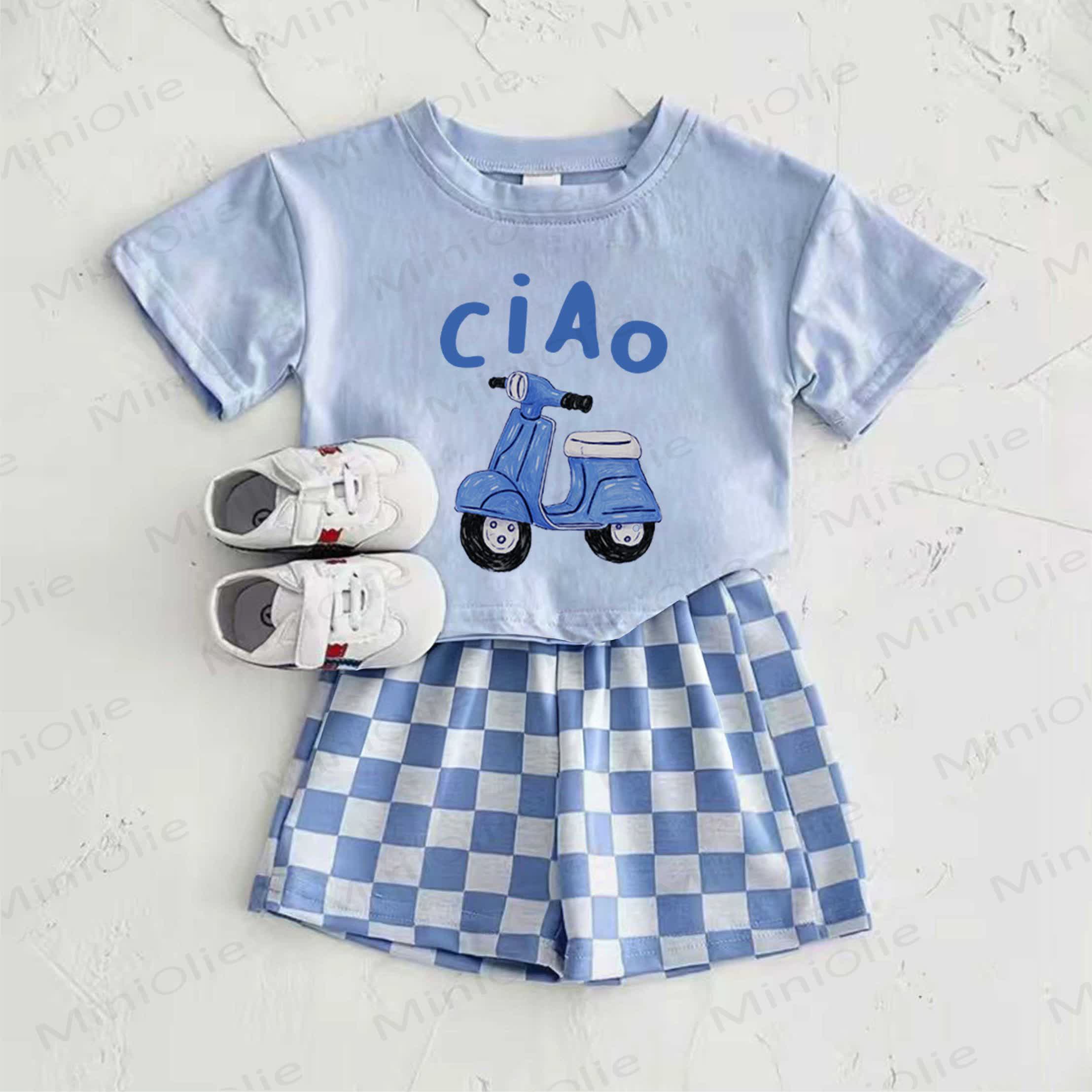 Completo CIAO composto da t-shirt azzurra con stampa di bicicletta elettrica e pantaloni a quadri, due pezzi. - Blu - 2-3T - image 1
