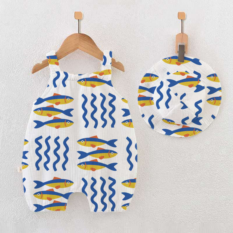 Tutina per neonato con stampa di sardine bianche e cappellino - Bianco - 18-24 mesi - image 1