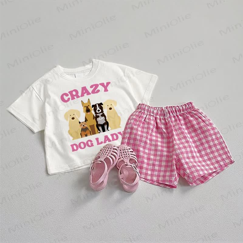 Completo da 2 pezzi per bambina "Crazy Dog Lady": maglietta e pantaloncini a quadri. - Bianco e rosa - 3-5T - image 1