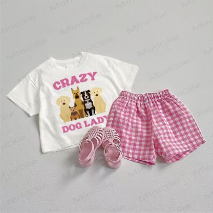 Completo da 2 pezzi per bambina "Crazy Dog Lady": maglietta e pantaloncini a quadri. - Bianco e rosa - 3-5T - image 1