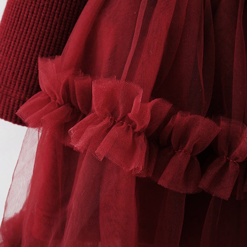 Vestito in rete foderato in pile rosso con fiocco da orso per bambina - image 10