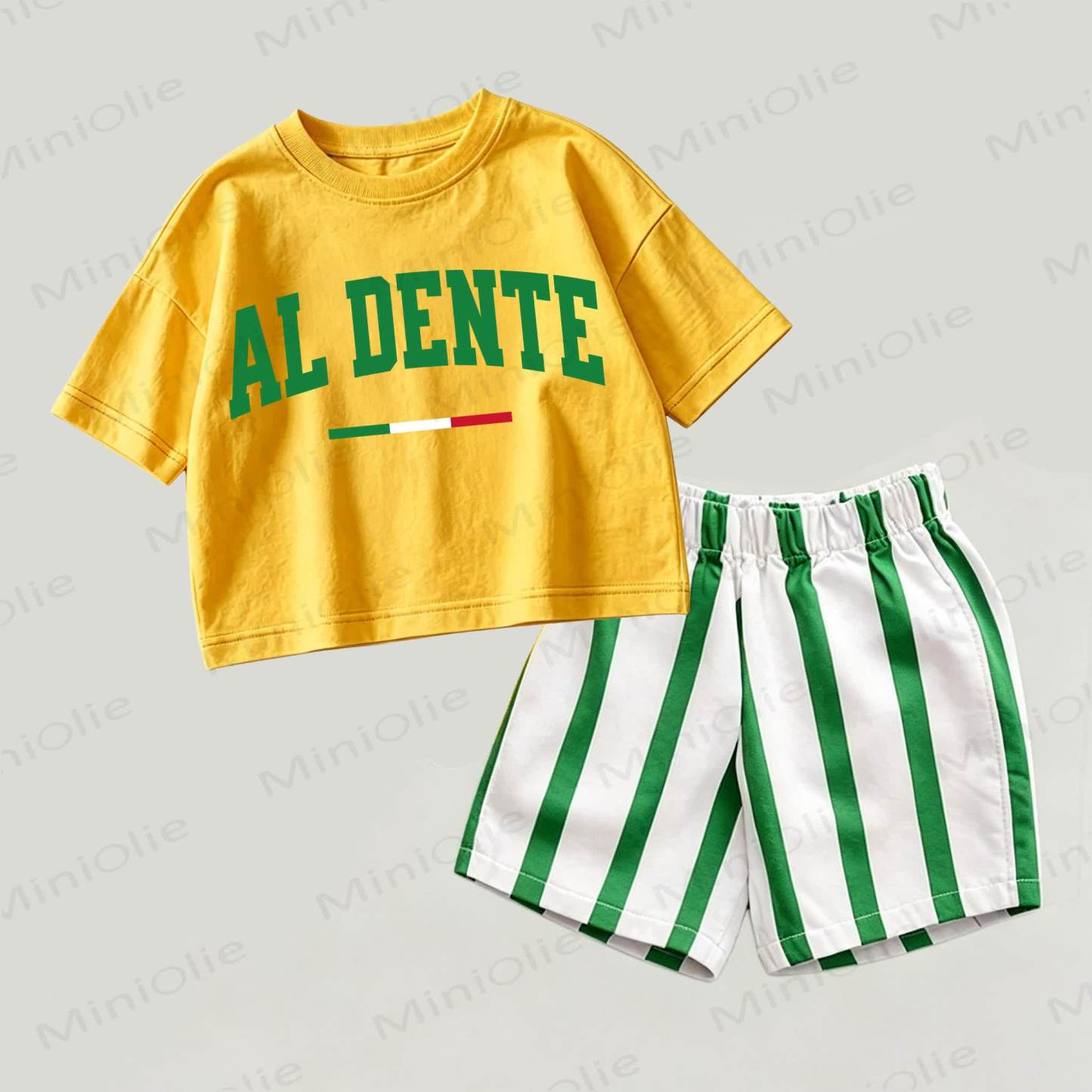 Completo 2 pezzi AL DENTE Baby con top giallo e verde e pantaloncini a righe. - Giallo e verde - 2-3T - image 1