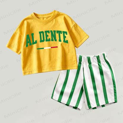 Completo 2 pezzi AL DENTE Baby con top giallo e verde e pantaloncini a righe. - Giallo e verde - 2-3T - image 1