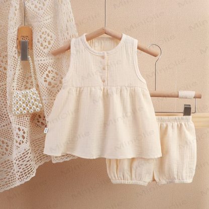 Completo da bambina in due pezzi, tinta unita, senza maniche, in garza. - Beige - 4-5T - image 11