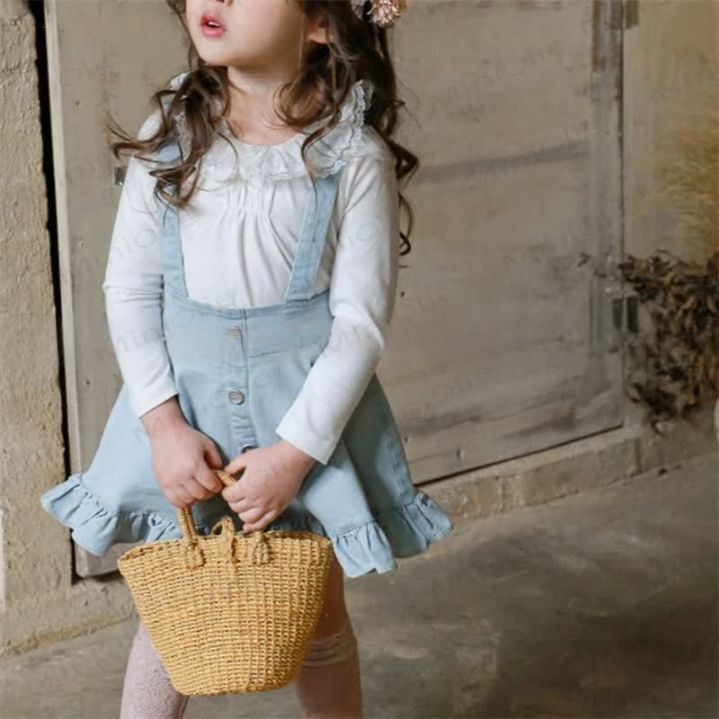 Gonna con bretelle e volant in denim per bambina - image 3