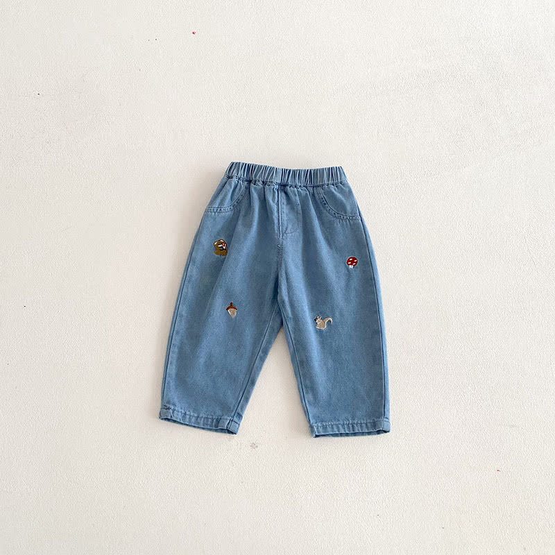 Pantaloni in denim con motivo a fungo e scoiattolo per neonati e bambini - Blu - 3-5T - image 5
