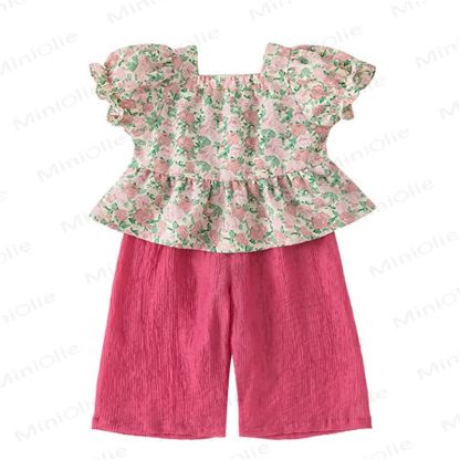 Completo top con maniche a sbuffo e pantaloni a gamba larga per bambini - image 9