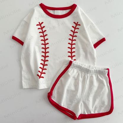 Completo da baseball per neonati composto da maglietta e pantaloncini (2 pezzi). - Bianco e Rosso - 3-5T - image 1