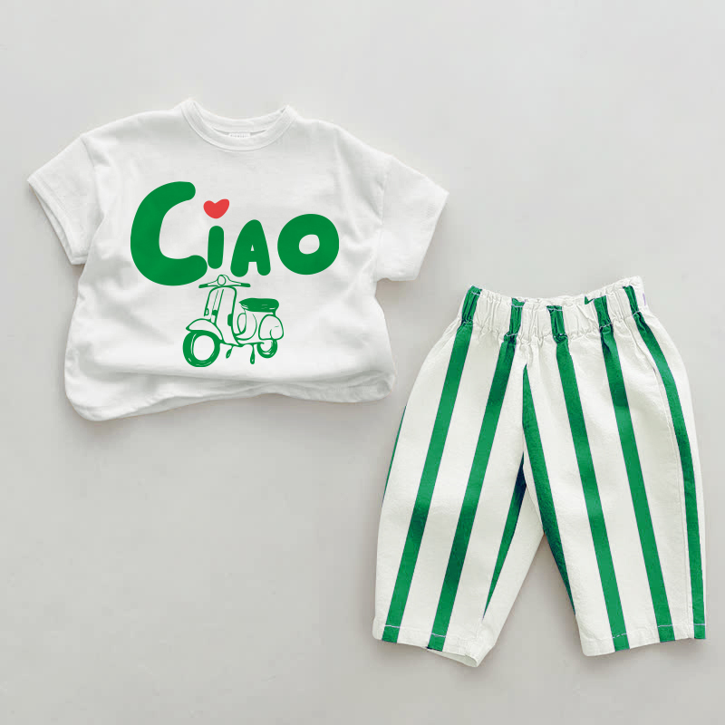 Completo CIAO Baby a righe verticali verde, composto da 2 pezzi. - Bianco e Verde - 2-3T - image 1