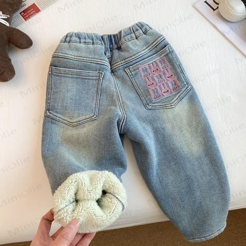 Pantaloni foderati in pile di denim a forma di coniglietto per bambini piccoli - image 3
