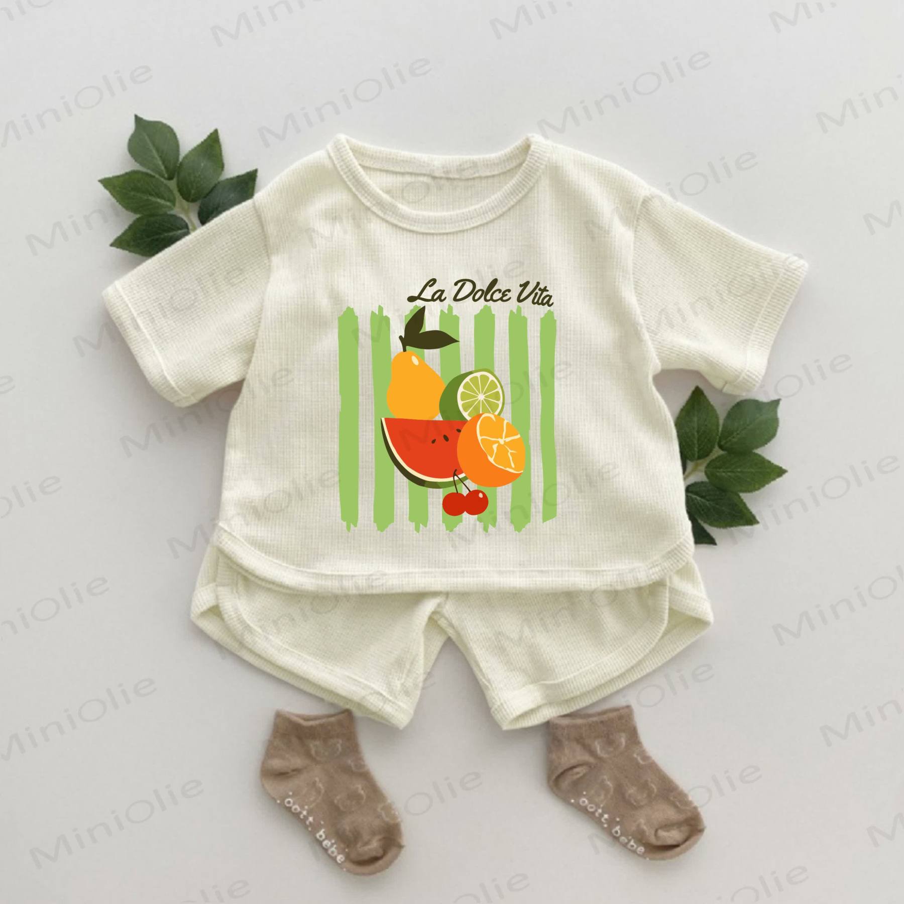 Set da 2 pezzi LA DOLCE VITA Baby con stampa frutta e righe, motivo waffle. - Albicocca - 2-3T - image 1