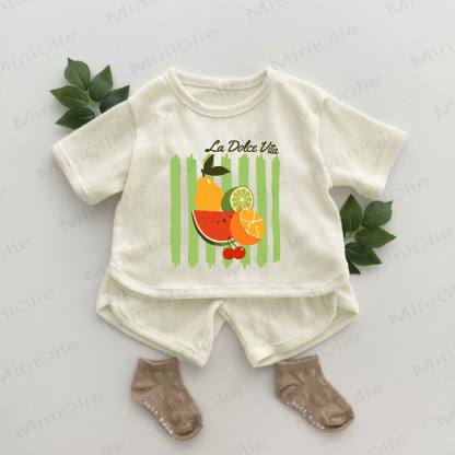 Set da 2 pezzi LA DOLCE VITA Baby con stampa frutta e righe, motivo waffle. - Albicocca - 2-3T - image 1