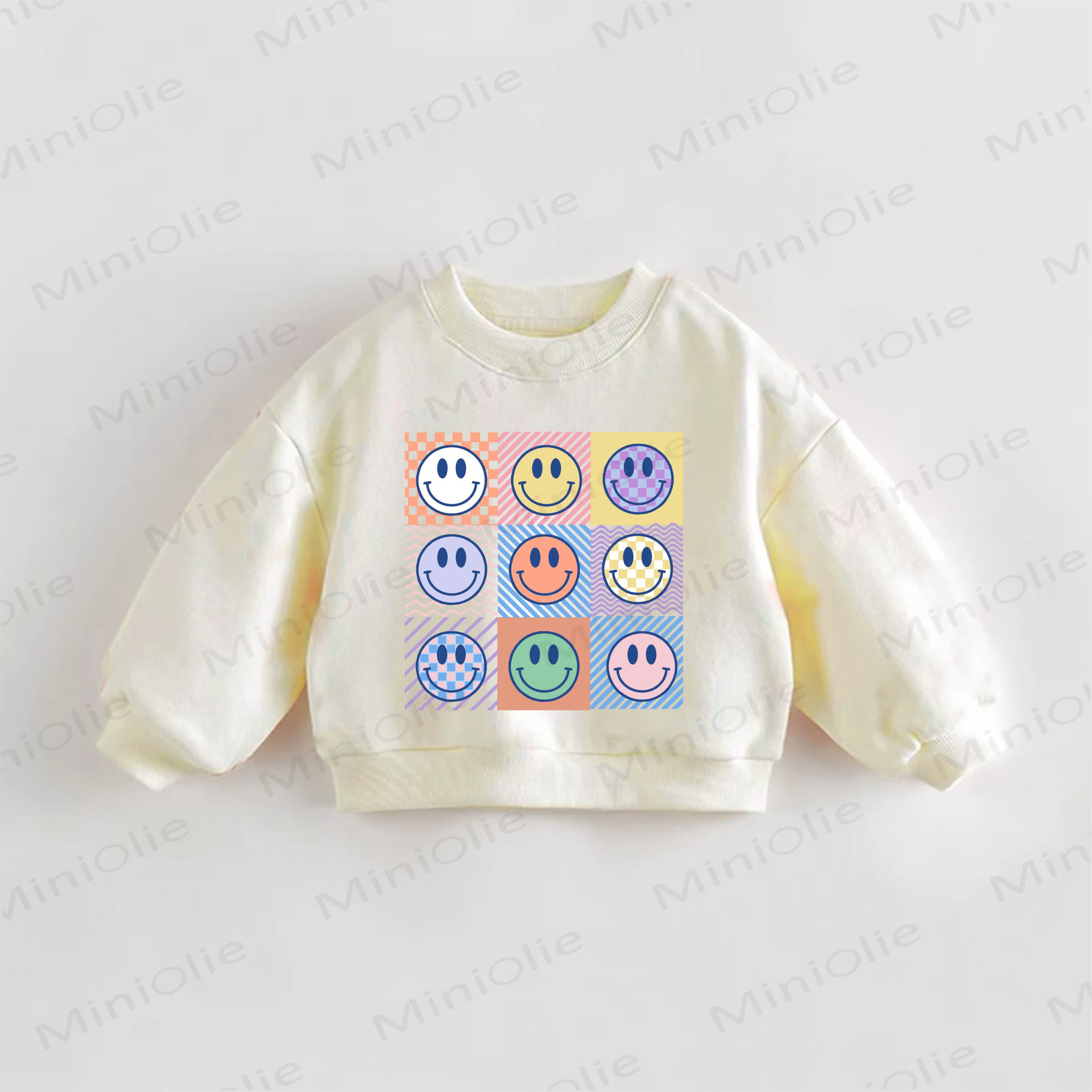 Felpa a quadri con stampa di faccine sorridenti per neonati e bambini piccoli - Crema - 3-5T - image 1
