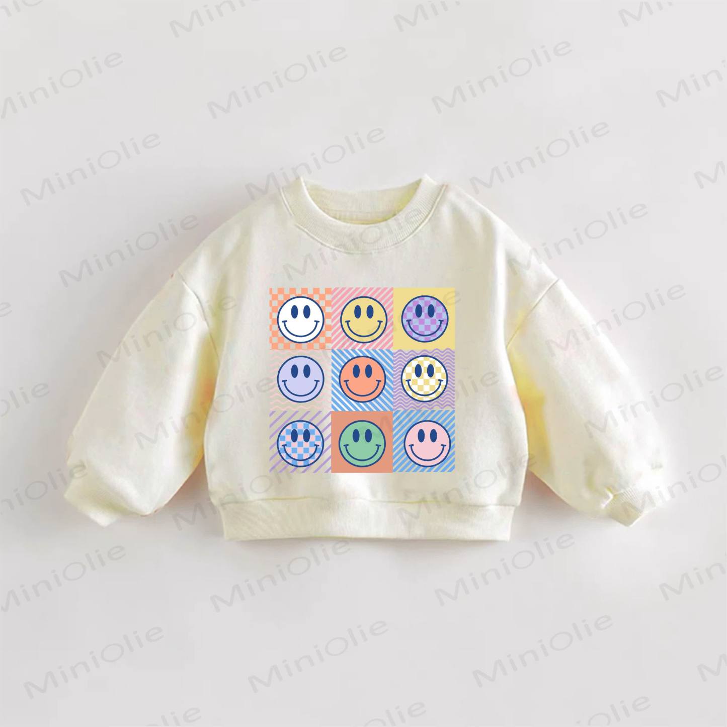 Felpa a quadri con stampa di faccine sorridenti per neonati e bambini piccoli - Crema - 3-5T - image 1