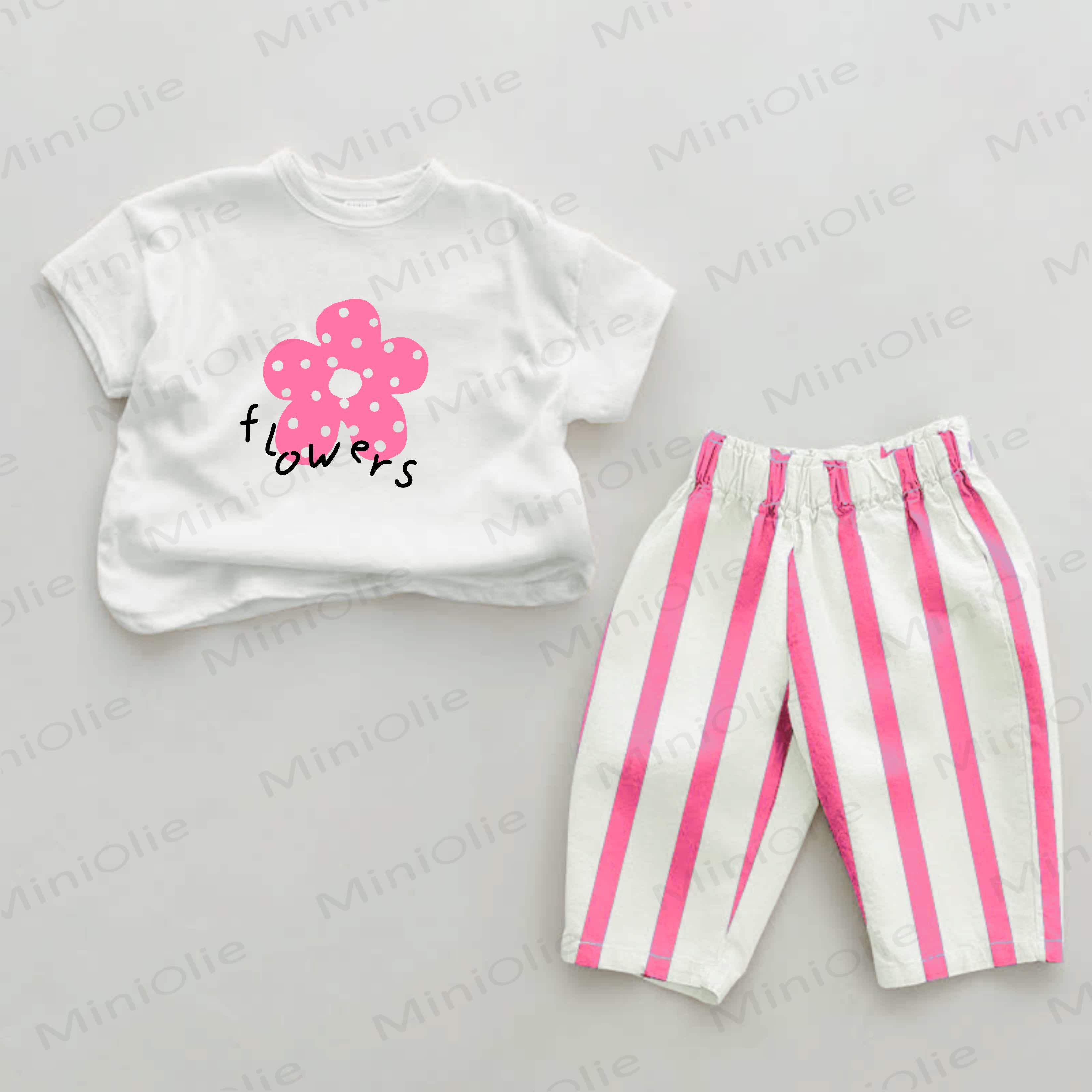 Set di 2 pezzi a righe verticali rosa con fiori per bambini - Bianco e rosa - 2-3T - image 1
