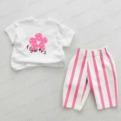 Set di 2 pezzi a righe verticali rosa con fiori per bambini - Bianco e rosa - 2-3T - image 1