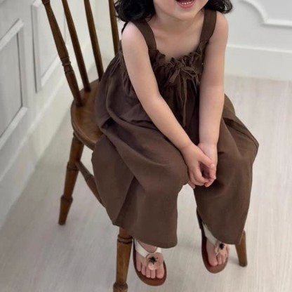 Salopette vintage con fiocco in tinta unita per bambini - image 3