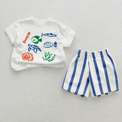 Completo due pezzi Baby Ocean Elements a righe verticali blu con pantaloncini - Bianco e Blu - 2-3T - image 1