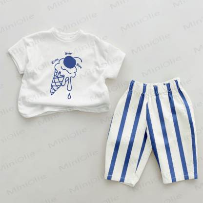 YUM YUM YUM Set da 2 pezzi con gelato azzurro a righe verticali - Bianco e Blu - 2-3T - image 1