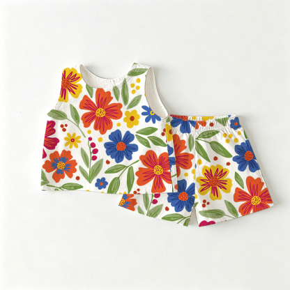 Completo da neonata/bambina composto da canotta e pantaloncini colorati con fiori, due pezzi. - Bianco - 3-4 anni - image 1