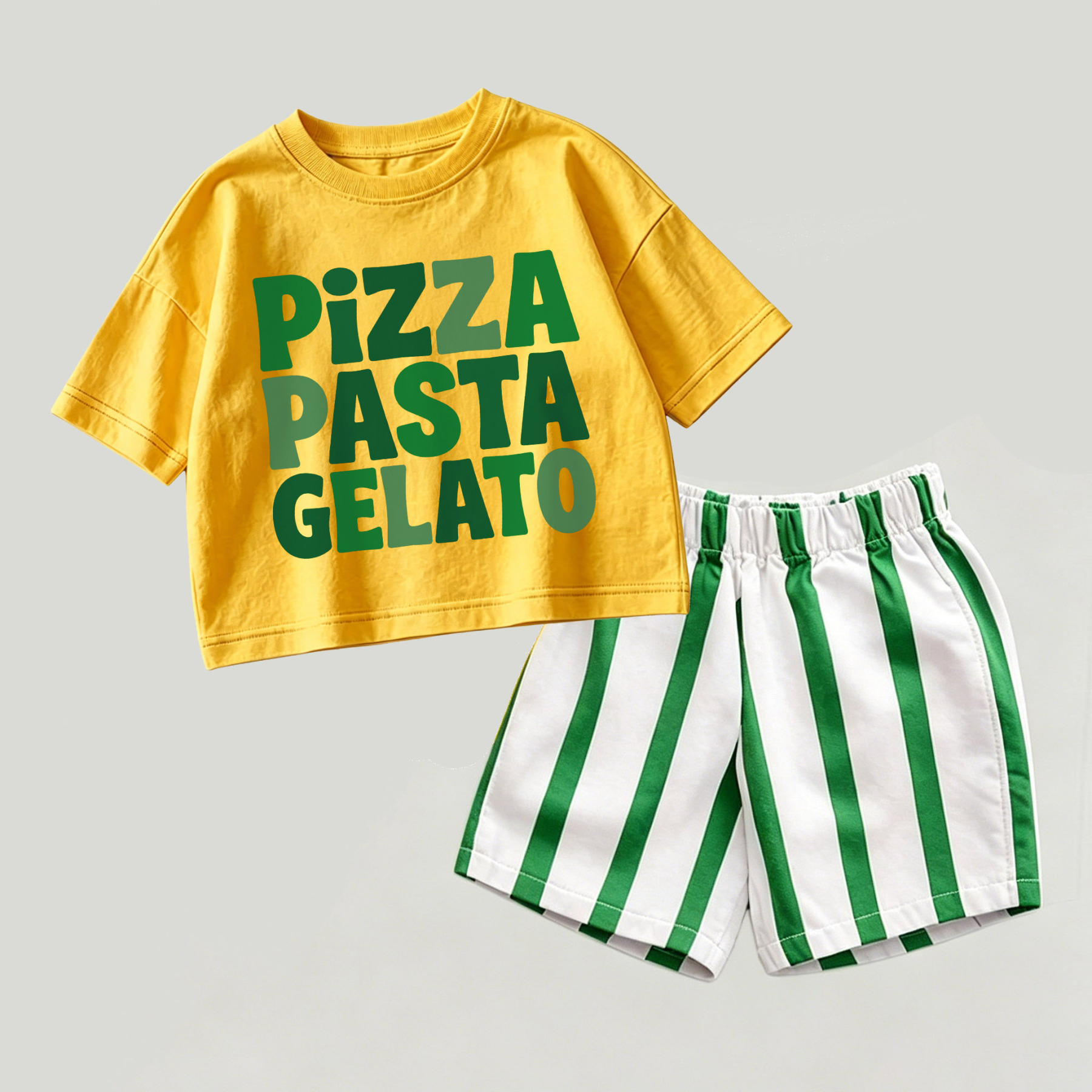 Completo 2 pezzi con top giallo e verde e pantaloncini a righe, tema pizza, pasta e gelato. - Giallo e verde - 2-3T - image 1