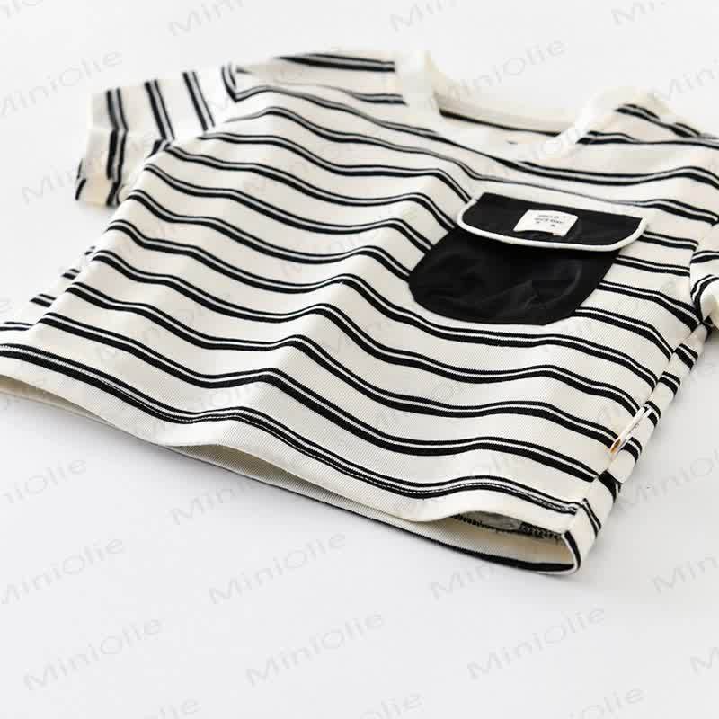 Maglietta a righe in cotone o pantaloncini neri tinta unita per neonati e bambini. - image 5
