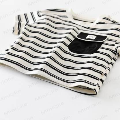 Maglietta a righe in cotone o pantaloncini neri tinta unita per neonati e bambini. - image 5