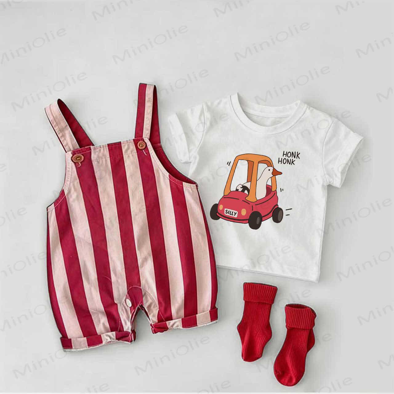 Completo HONK HONK Baby Goose composto da salopette a righe rosse e maglietta bianca (2 pezzi). - Bianco e Rosso - 2-3T - image 1