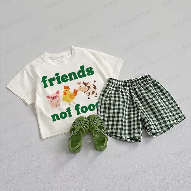 AMICI NON CIBO - Completo 2 pezzi con maglietta e pantaloncini a tema animali per bambini - Bianco e Verde - 3-5T - image 1
