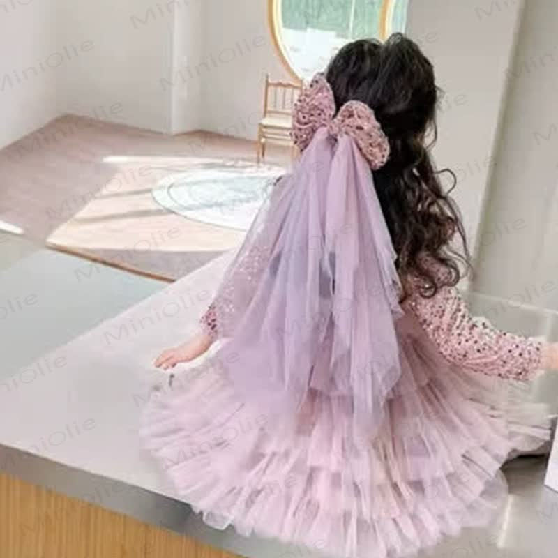Vestito da bambina con paillettes in rete e velo a fiocco - image 6