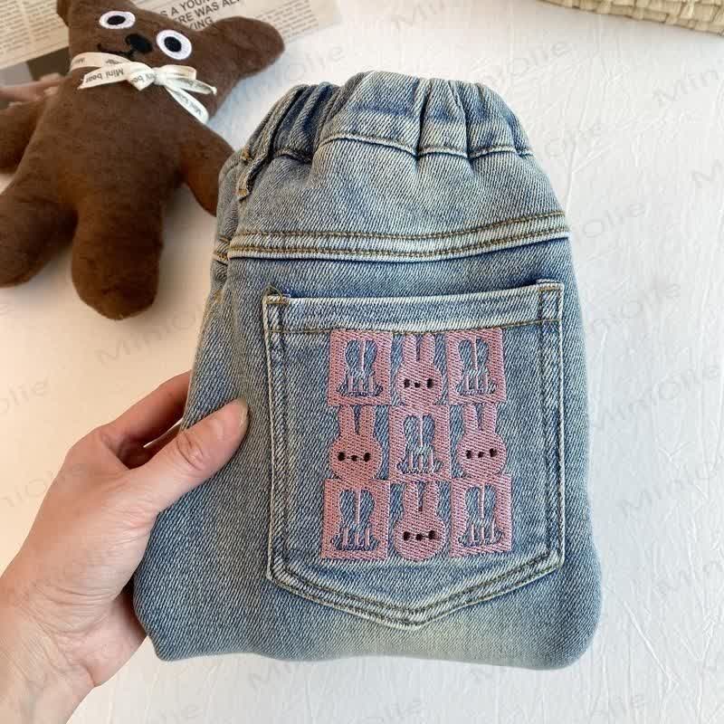 Pantaloni foderati in pile di denim a forma di coniglietto per bambini piccoli - image 7