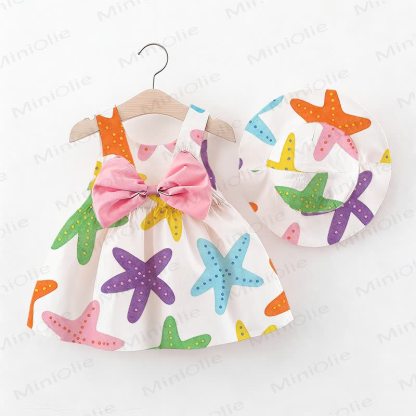 Vestitino colorato con fiocco a stella marina e cappellino per bambina - Bianco - 2-3T - image 1