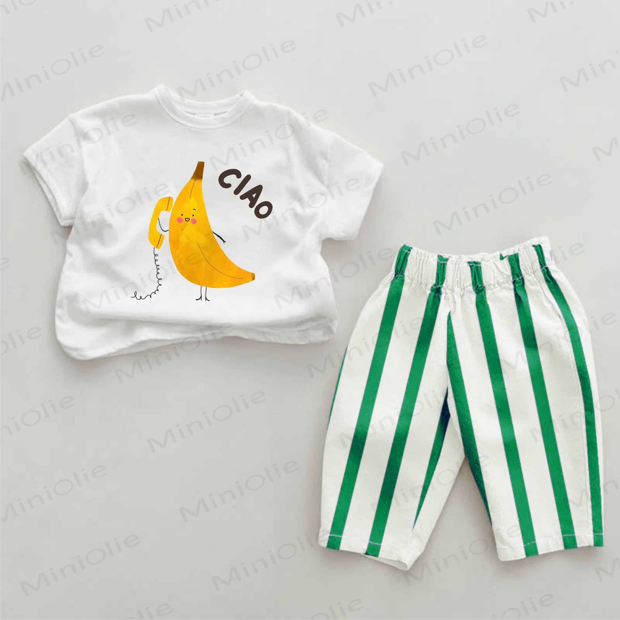 Completo CIAO Baby a righe verdi con stampa banana, composto da 2 pezzi. - Verde e Bianco - 2-3T - image 1