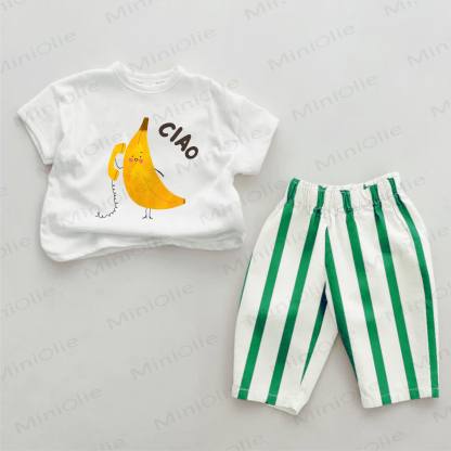 Completo CIAO Baby a righe verdi con stampa banana, composto da 2 pezzi. - Verde e Bianco - 2-3T - image 1