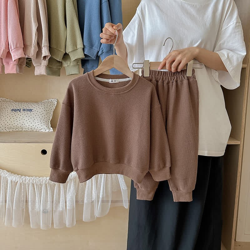 Set da 2 pezzi per bambini, composto da felpa e pantaloni a nido d'ape in tinta unita - Marrone - 7-9T - image 11