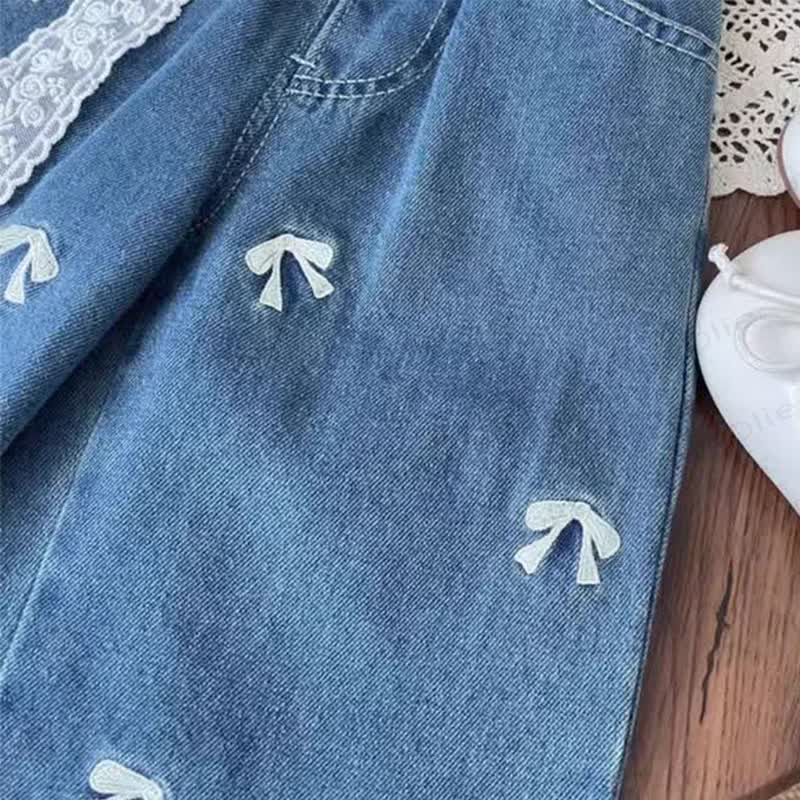 Pantaloni in denim con fiocco ricamato per bambini piccoli - image 4