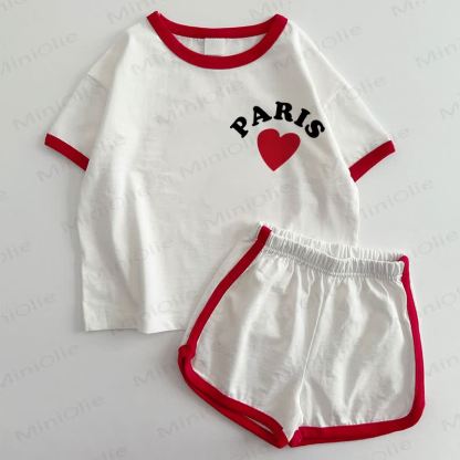 Completo due pezzi per neonati e bambini PARIS: maglietta e pantaloncini. - Bianco e Rosso - 3-5T - image 1