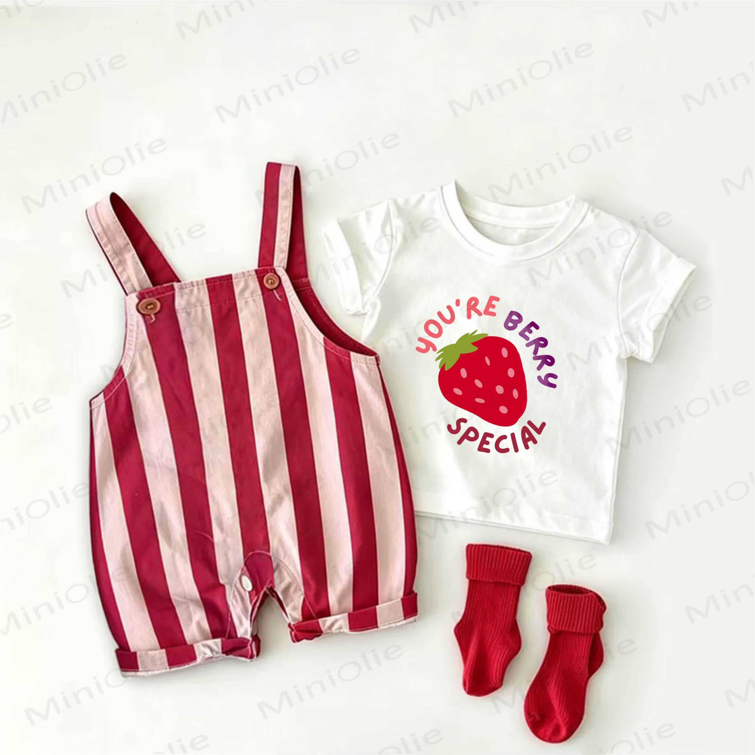 Completo da 2 pezzi per neonati con salopette a righe rosse e maglietta bianca con slogan "SEI UNA BACCA SPECIALE" - Bianco e Rosso - 2-3T - image 1
