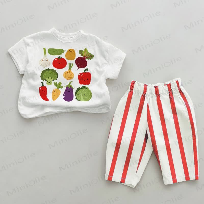 Completo 2 pezzi Baby Vegetable Collection con pantaloni a righe rosse. - Bianco e Rosso - 2-3T - image 1