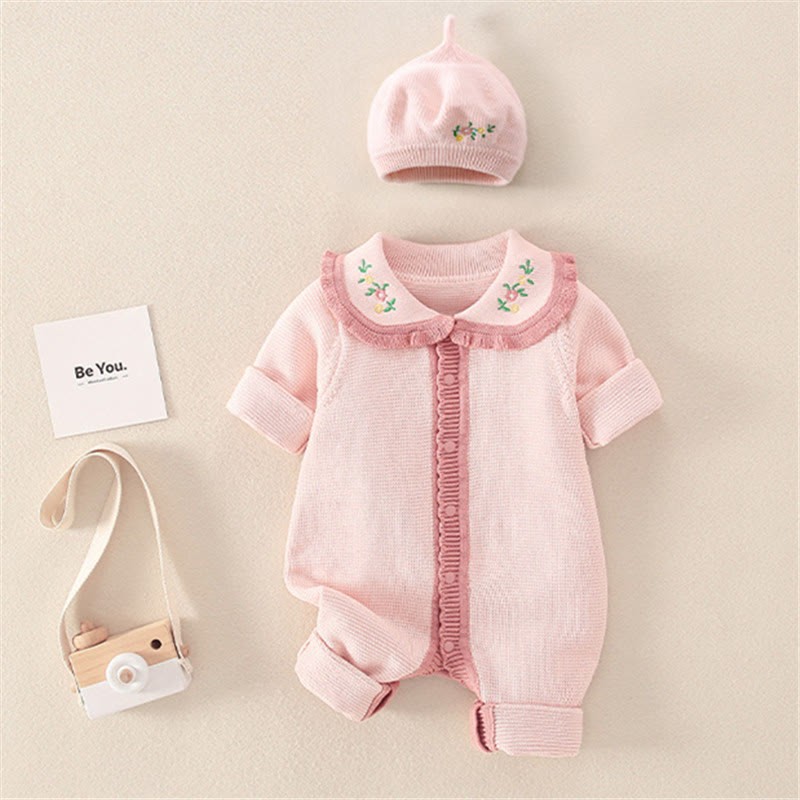 Tutina con colletto in pizzo floreale rosa baby e cappello - image 3