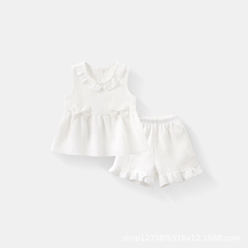 Completo da bambina composto da canotta e pantaloncini in cotone a tinta unita con volant. - Bianco - 4-5T - image 2
