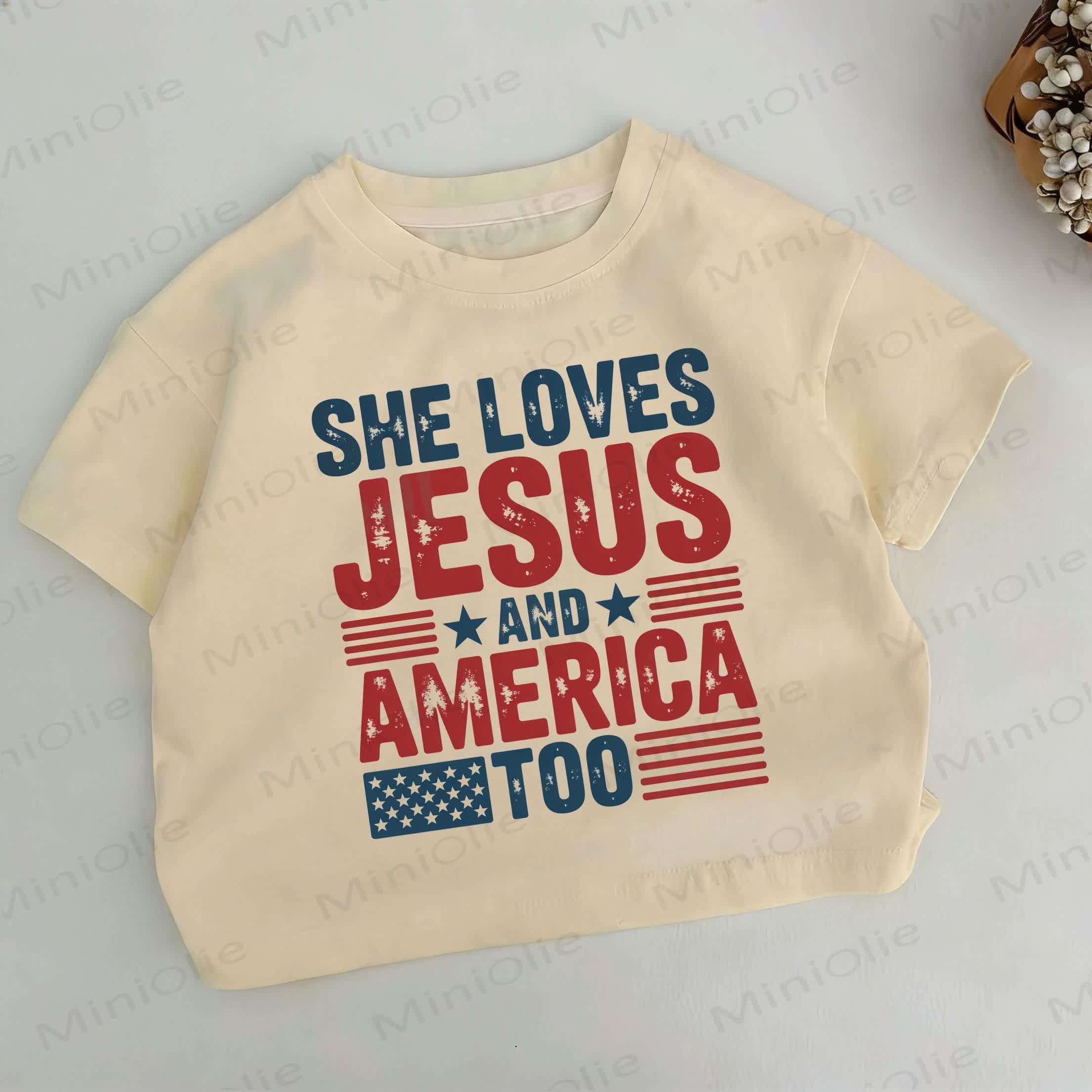 Maglietta kaki con slogan "LEI AMA GESÙ E ANCHE L'AMERICA" per bambini - Cachi - 6-7T - image 1