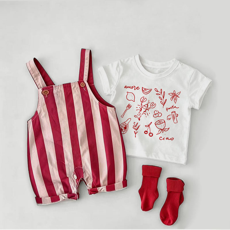 Completo due pezzi composto da salopette a righe rosse con stampa di pappa per neonati e maglietta bianca. - Bianco e Rosso - 2-3T - image 1
