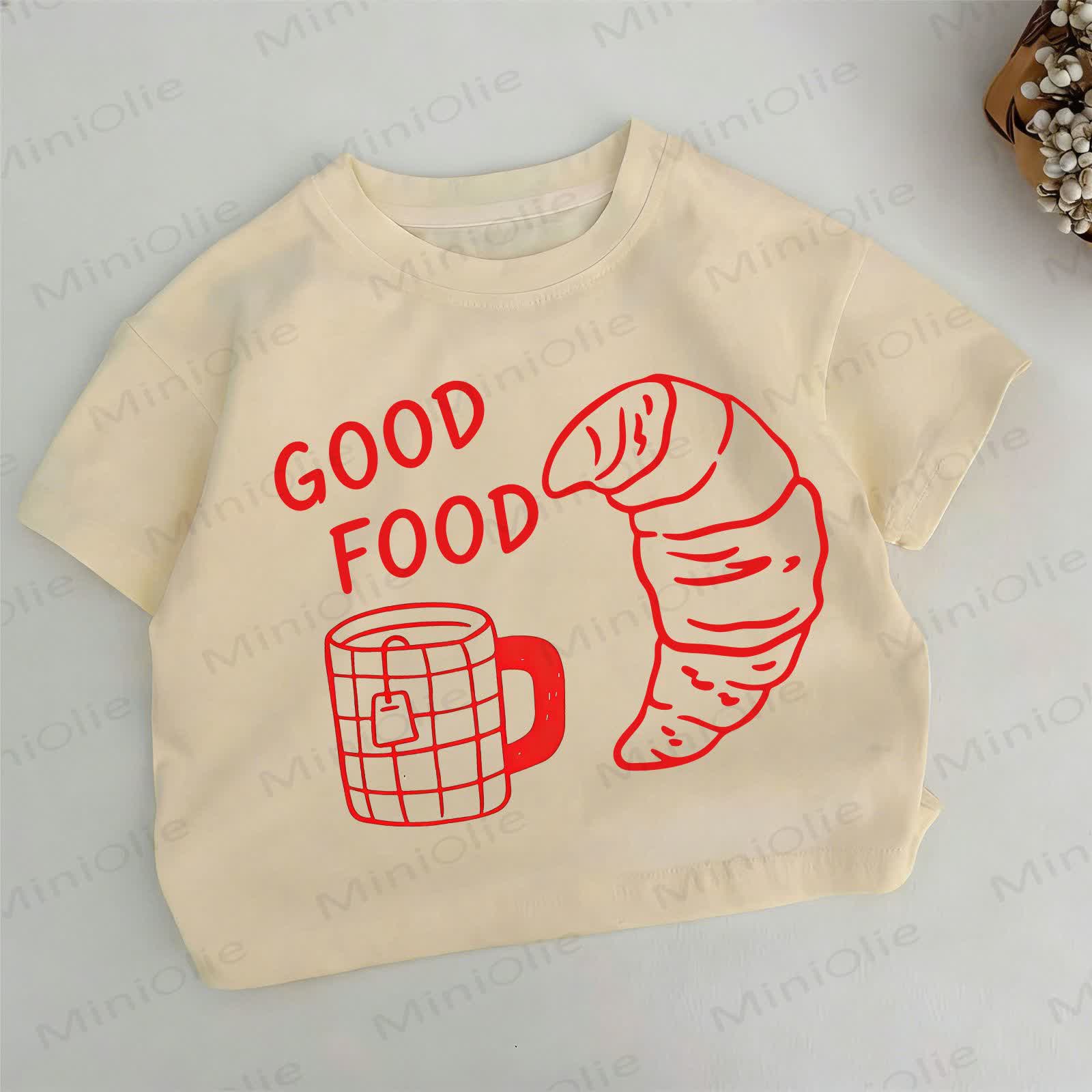 T-shirt color kaki con stampa di tazza da tè e croissant "GOOD FOOD" per bambini - Cachi - 12-13T - image 1